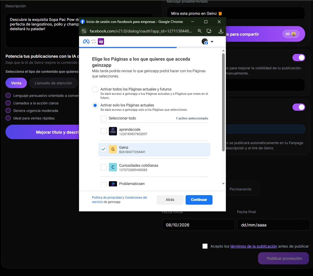 Publicación lista en la tienda y en Facebook